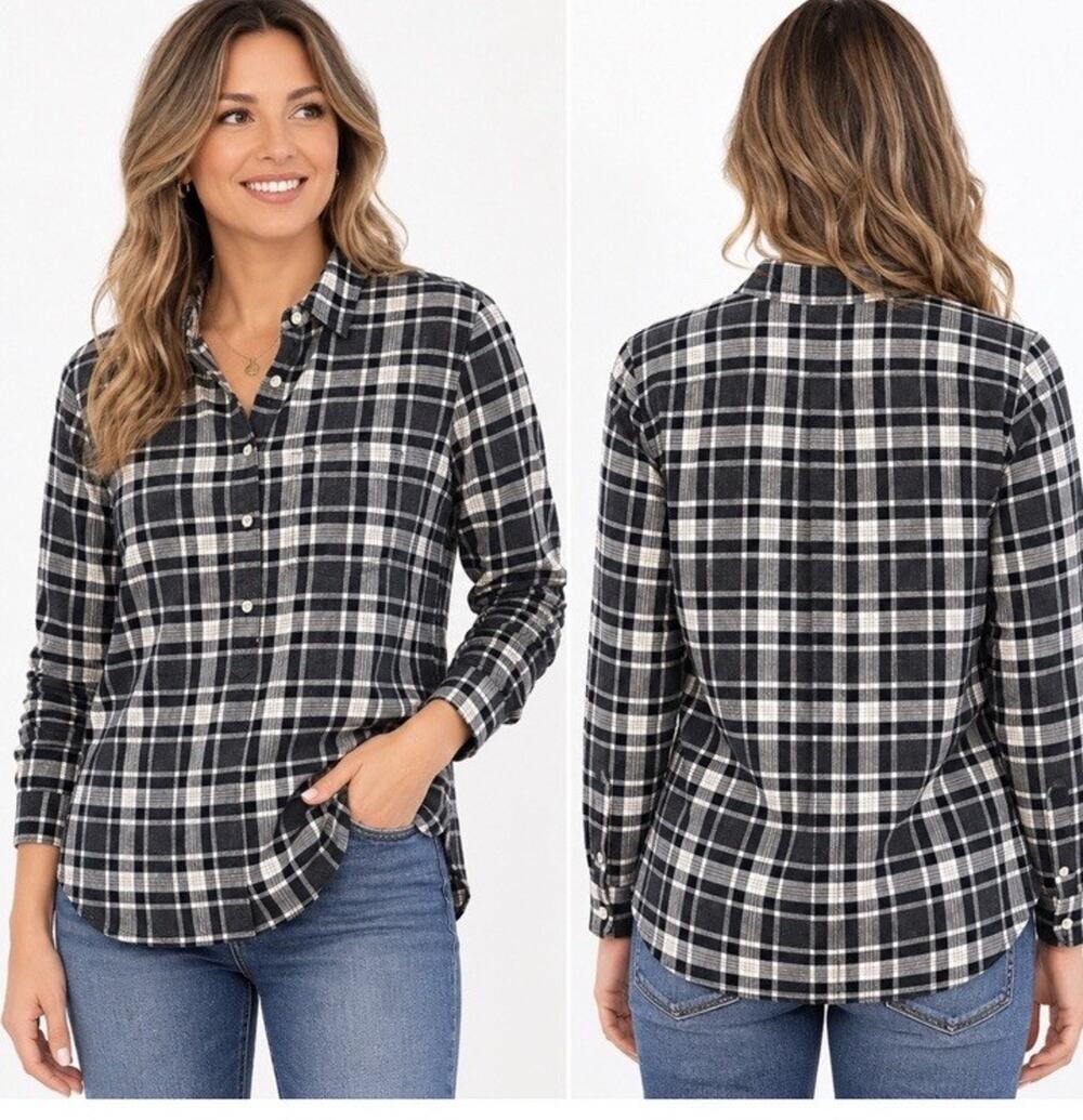 J.Crew Navy White Gray Plaid Cotton Popover Shirt Womens Large Long Sleeve EUC
